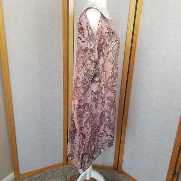 Mascara Paris 100% Silk Caftan Blouse One Size Pink Paisley Cold Shoulder - Picture 8 of 16